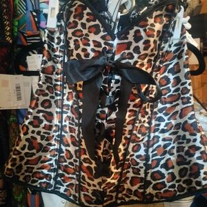 Sexy Leopard Satin Lace Up Corset W/Black Lace Cat Costume Cosplay XL
